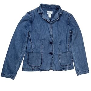 Pendleton Women's Cropped Blue Jean Jacket Sz‎ S Denim Blazer Long Sleeve Fitted